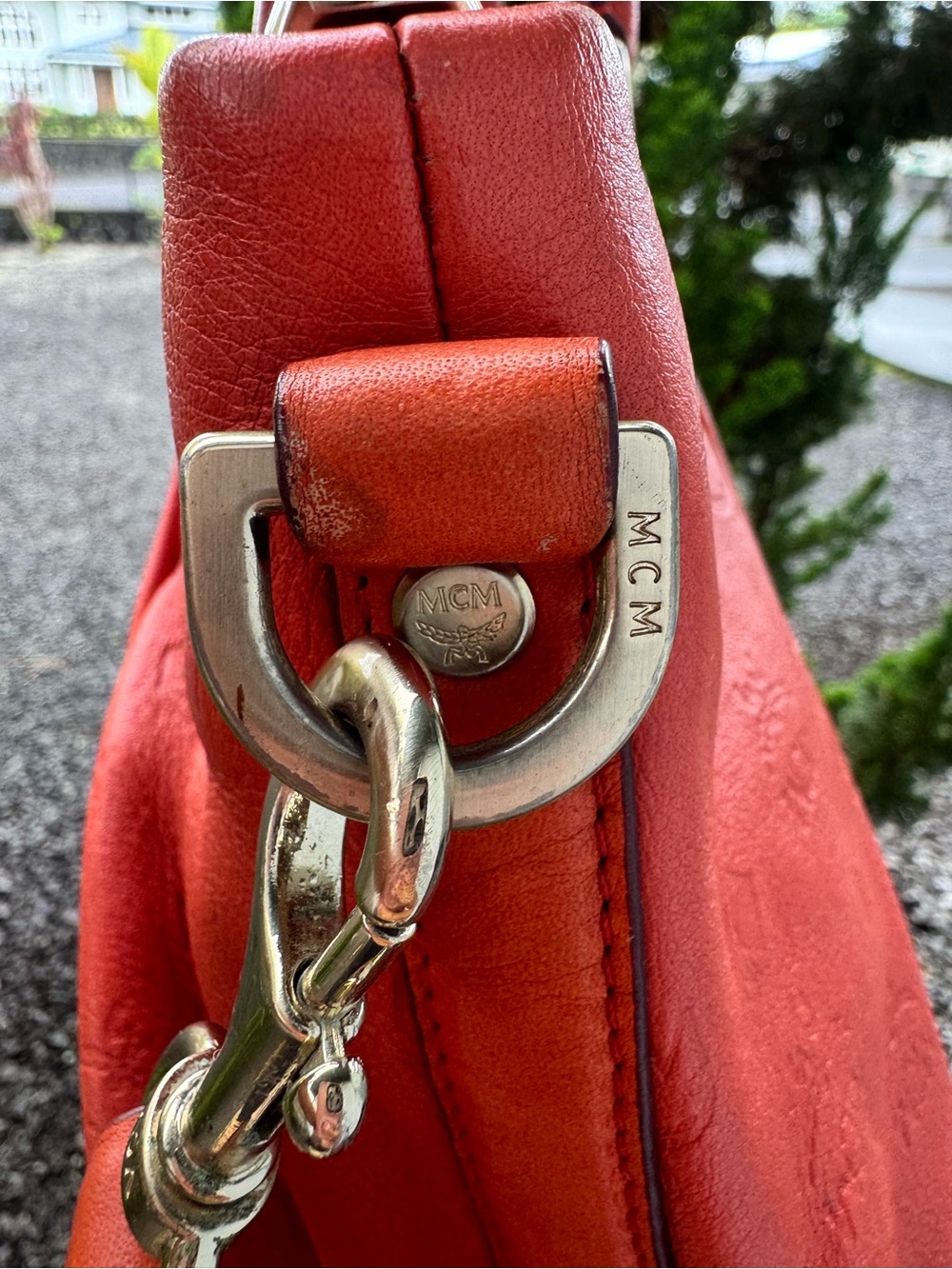 MCM Coral Red Embossed Leather Satchel Shoulder Bag Crossbody - Picture 5 of 12